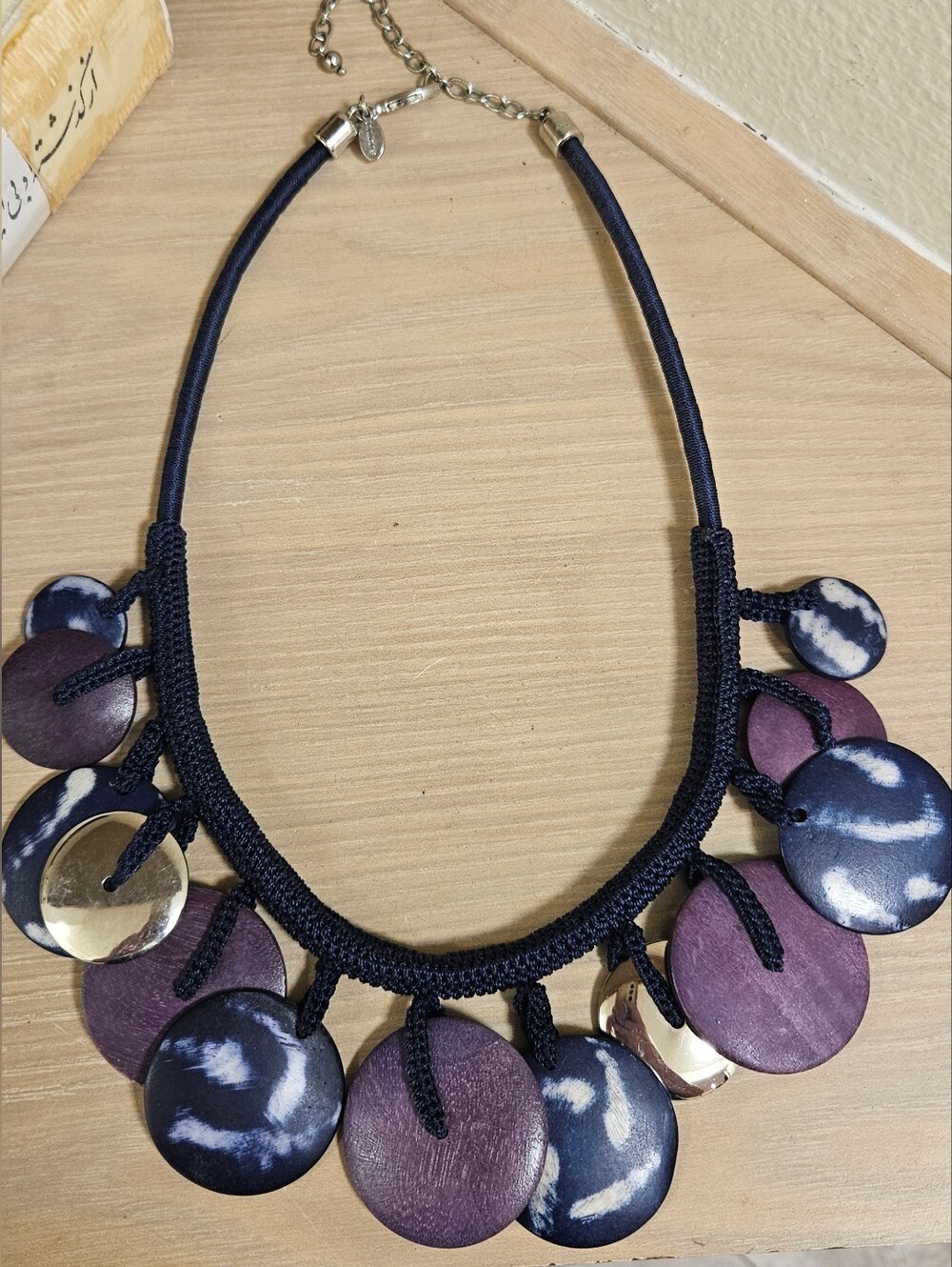 Chico’s Wood Navy Blue And Purple Silver-tone Disc Statement Necklace